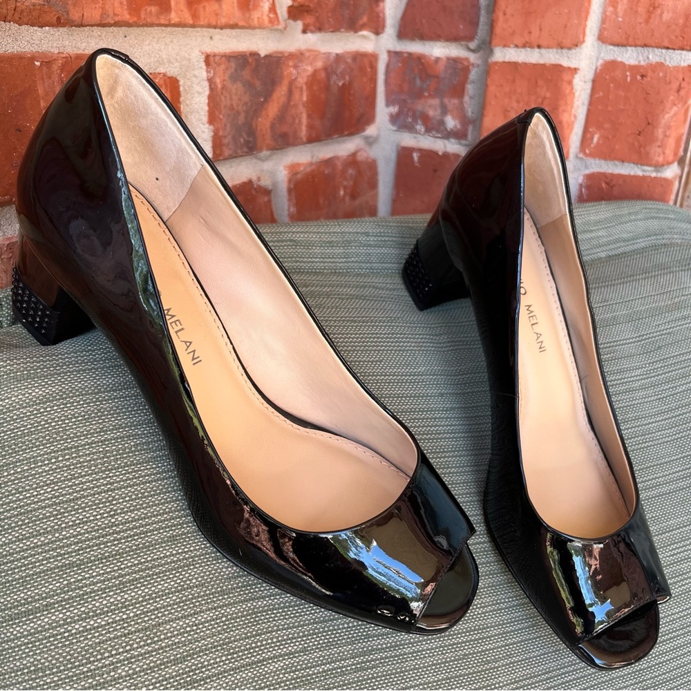 Super Cute ANTONIO MELANI Black Patent Peep Toe Heels Excellent Condition!